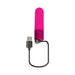 Pink rechargeable silicone bullet vibrator with USB charging cable on white background