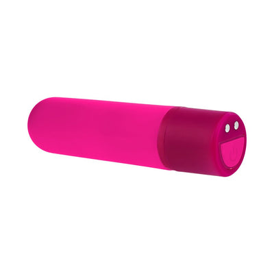 Compact pink rechargeable silicone bullet vibrator with smooth tapered design and power button on base.