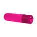 Compact pink rechargeable silicone bullet vibrator with smooth tapered design and power button on base.