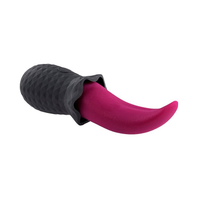 Rechargeable silicone tongue teaser vibe with textured black handle and flexible magenta tip.