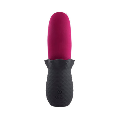 Rechargeable silicone tongue teaser vibe with textured black handle and flexible magenta tip.