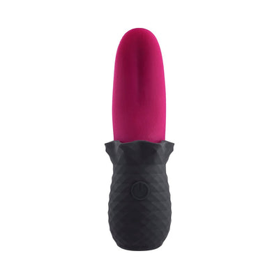 Rechargeable Selopa Tongue Teaser vibe with flexible magenta silicone tip and textured black handle with power button.