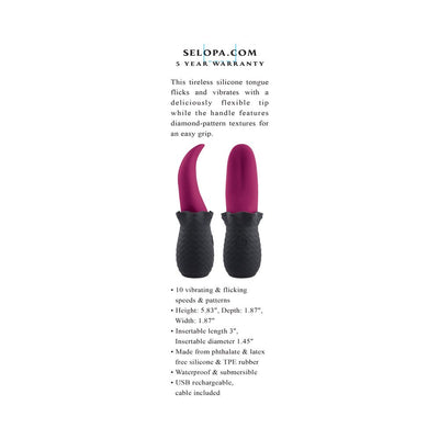 Two views of the Selopa Tongue Teaser Vibe in purple silicone with textured black handles, highlighting flexible tip and size details.