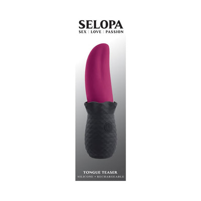 Selopa Tongue Teaser rechargeable silicone vibe with textured black handle and flexible magenta tip.