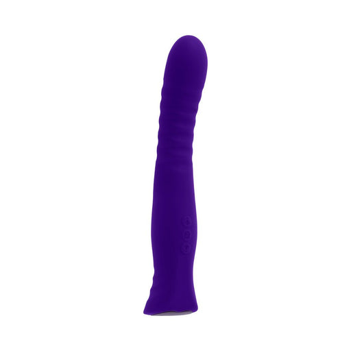 Purple silicone rechargeable vibrator with textured shaft and curved tip, featuring control buttons on the base.