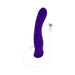 Purple silicone rechargeable vibrator with textured curved shaft and white USB charging cable on white background.