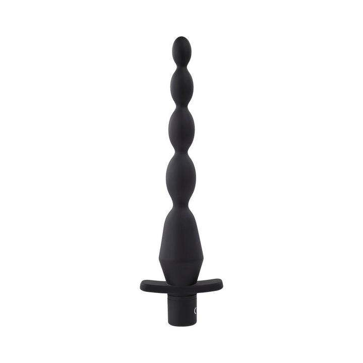 Black silicone vibrating anal beads with graduated sizes and a wide safety base, rechargeable and waterproof.