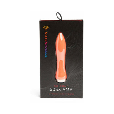 Coral-colored Sensuelle 60SX AMP silicone bullet vibrator in black retail box with window display and branding.