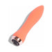 Coral-colored silicone bullet vibrator with sleek ergonomic design and metallic charging base on white background.