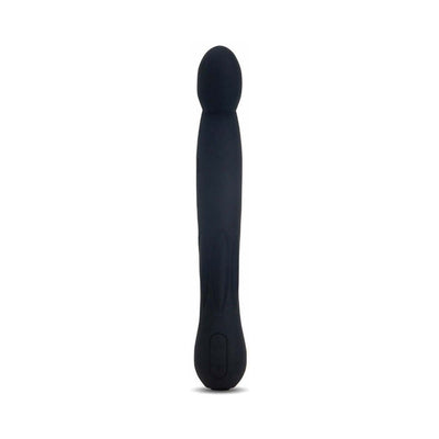 Black elongated silicone vibrator with rounded tip and ergonomic handle, designed for targeted internal stimulation.