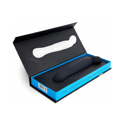 Sensuelle Ace Pro black vibrator with elongated curved design in open black and blue presentation box.