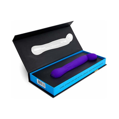 Purple Sensuelle Ace Pro vibrator with oscillating head in open black and blue box packaging.