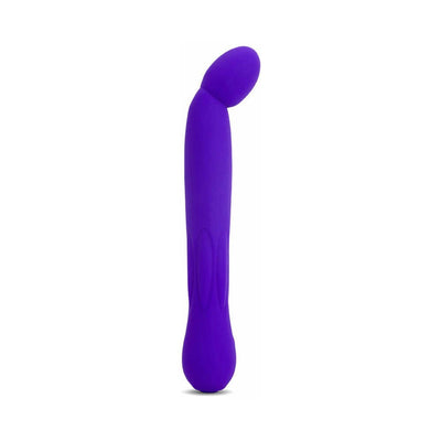 Purple elongated silicone vibrator with angled head and textured grip, designed for targeted stimulation and ergonomic use.