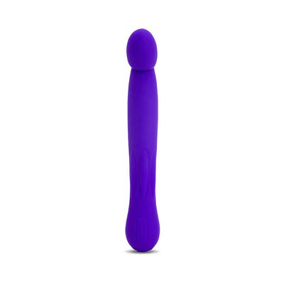 Purple elongated silicone vibrator with rounded head and textured grip, designed for targeted stimulation and easy control.
