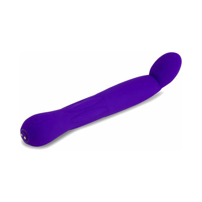 Purple elongated silicone vibrator with curved oscillating head and dual control buttons on handle.