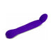 Purple elongated silicone vibrator with curved oscillating head and dual control buttons on handle.