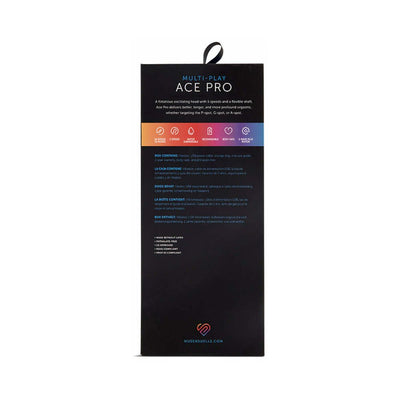 Sensuelle Ace Pro vibrator packaging showing product features and specifications on black box with colorful icons.