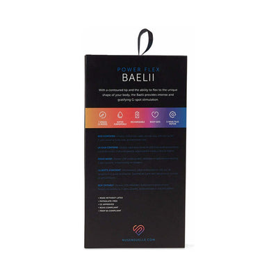 Packaging box for Sensuelle Baelii G-spot vibrator highlighting features like 7 speeds, water submersible, rechargeable, and body-safe silicone.