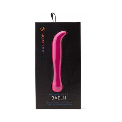 Sensuelle Baelii G-spot vibrator in deep pink with contoured tip displayed in black packaging with brand logo and product details.