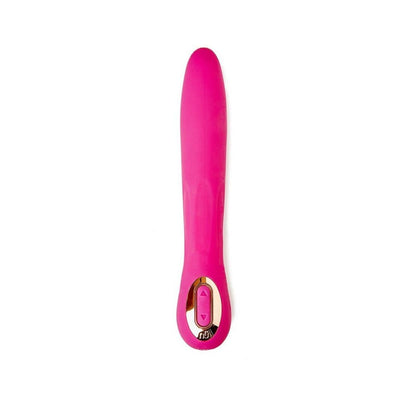 Pink silicone flexible vibrator with dual motors and control buttons on a white background.
