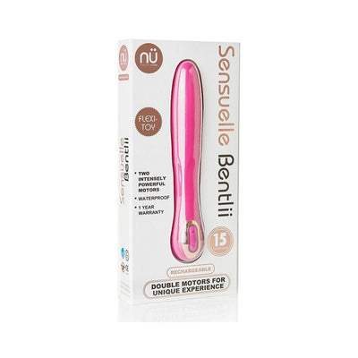 Sensuelle Bentlii flexible pink silicone vibrator in white packaging highlighting dual motors and waterproof features.