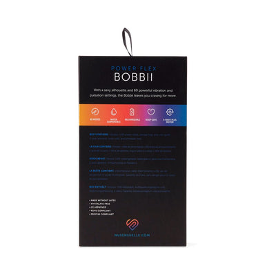Packaging box of Sensuelle Bobbii Silicone mini vibrator highlighting 69 modes, waterproof, rechargeable, body-safe, and flexible motor features.