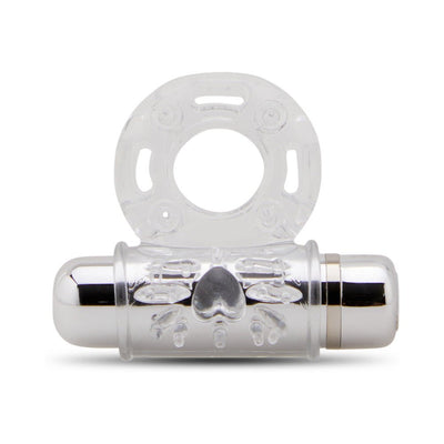 Clear stretchy cock ring with a removable silver bullet vibrator featuring textured heart and nubs for added stimulation.