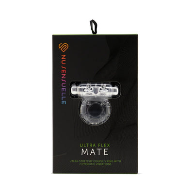 Sensuelle Ultra Flex Mate stretchy vibrating couple's ring in clear, displayed in black retail packaging with colorful logo.