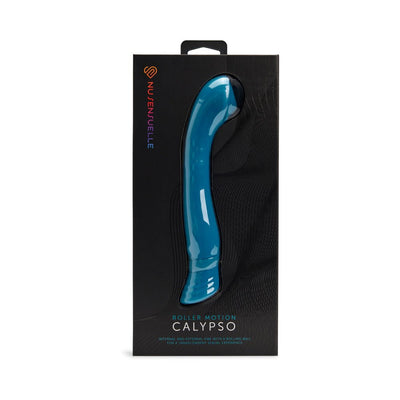 Sensuelle Calypso Roller Motion vibrator in turquoise displayed in black retail packaging with clear window.
