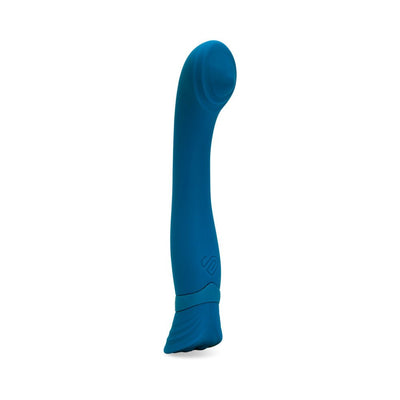 Turquoise flexible silicone vibrator with curved tip and textured base standing upright on white background.