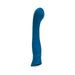 Turquoise flexible silicone vibrator with curved tip and textured base standing upright on white background.