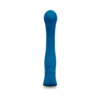 Turquoise silicone vibrator with curved head and ergonomic handle, designed for targeted internal and external stimulation.