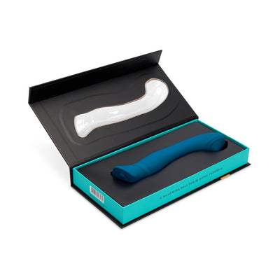 Sensuelle Calypso Roller Motion turquoise vibrator in open black and turquoise box with molded insert.