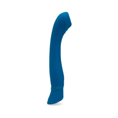 Turquoise Sensuelle Calypso Roller Motion vibrator with curved design and textured base on white background.