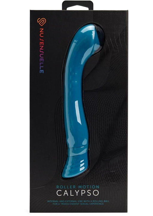 Turquoise curved vibrator in sleek black packaging with Nu Sensuelle branding and Calypso Roller Motion label.