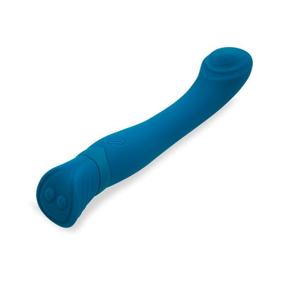 Turquoise Sensuelle Calypso Roller Motion vibrator with curved design and control buttons on a white background.