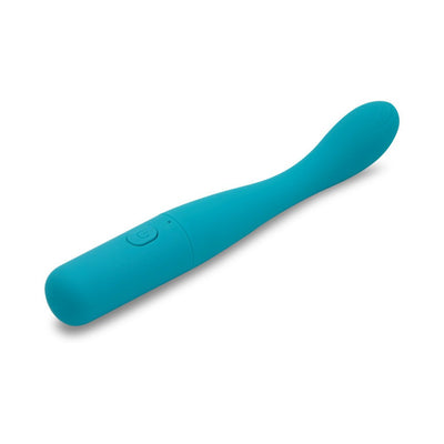 Teal flexible G-spot vibrator with curved tip and single button control on white background.