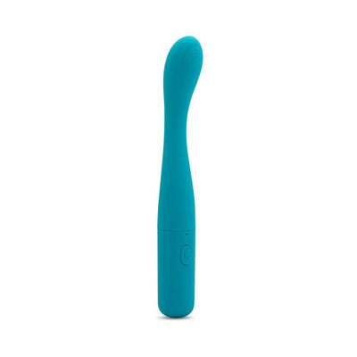 Teal flexible G-spot vibrator with curved tip and single power button, sleek and modern design.