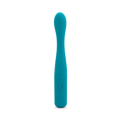 Teal flexible G-spot vibrator with a rounded tip, single power button, and smooth silicone finish.