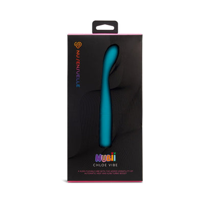 Sensuelle Chloe Nubii Vibe in teal with curved tip shown in black retail packaging with colorful branding details.