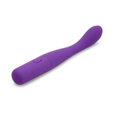 Purple flexible G-spot vibrator with textured tip and single power button on smooth silicone surface.
