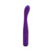 Purple flexible G-spot vibrator with curved tip and power button on the base, standing upright on white background.