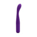 Purple flexible G-spot vibrator with curved tip and smooth matte finish standing upright on white background