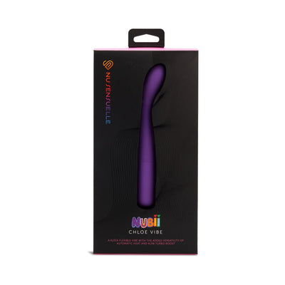 Packaging of Sensuelle Chloe Nubii Vibe, a sleek purple flexible G-spot vibrator with heat and turbo boost features.