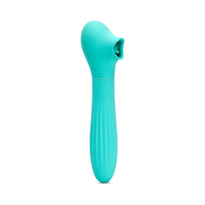 Sensuelle Daisy Triple Action Blue vibrator with suction, flickering tongue, and thrusting features in turquoise color.
