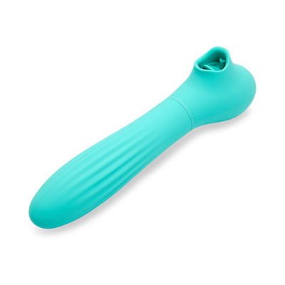 Sensuelle Daisy Triple Action Blue vibrator with textured handle and multi-function tip for suction, flickering, and thrusting.