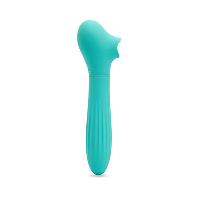 Turquoise Sensuelle Daisy Triple Action vibrator with textured handle and unique curved head design.