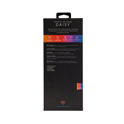 Back view of Sensuelle Daisy Triple Action Blue packaging highlighting features, contents, and warranty details.