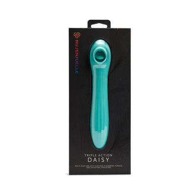 Sensuelle Daisy Triple Action Blue multi-function vibrator in sleek turquoise with black packaging.