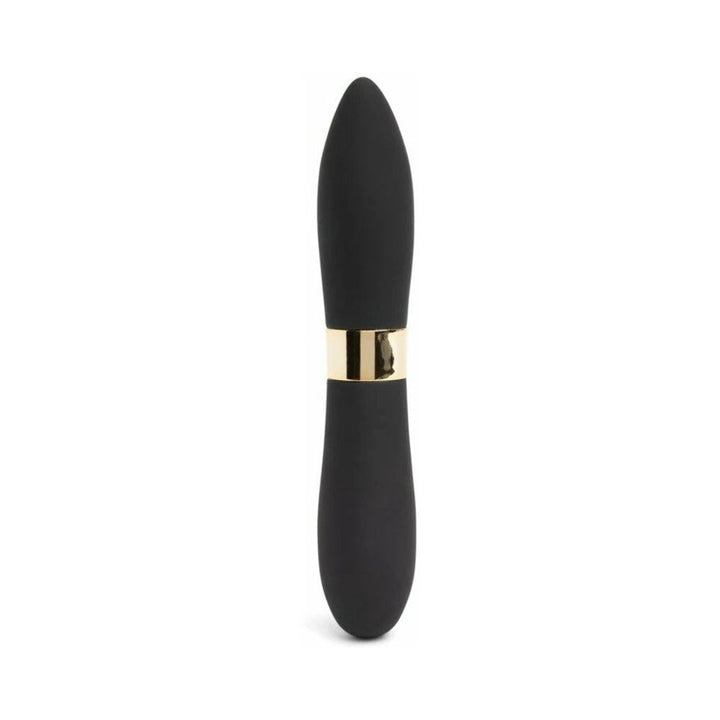 Black double-ended bullet vibrator with gold accent ring, sleek and smooth design for versatile stimulation.
